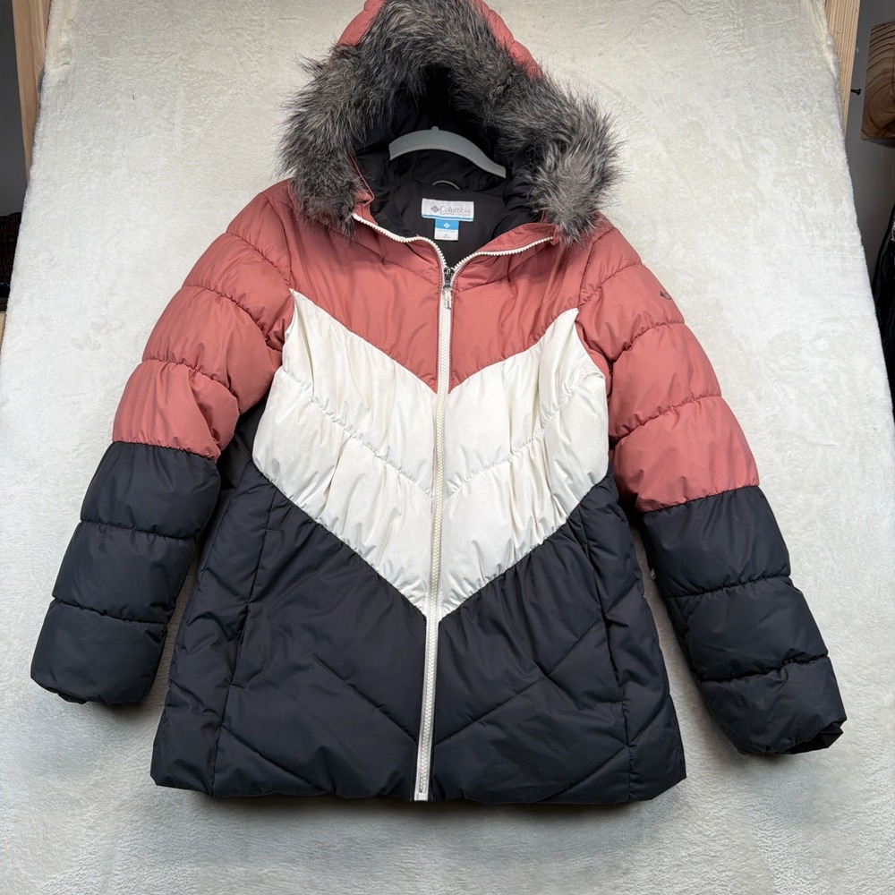 Columbia Girls XL 18/20 Puffer Jacket Faux Fur Hood Colorblock Winter Coat